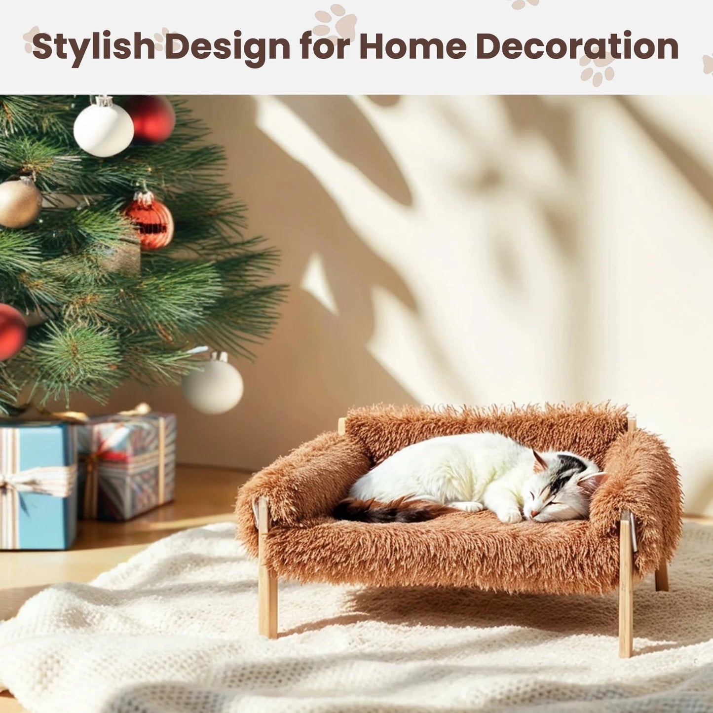 Large Cat Bed Sturdy Wooden Leg Raised Plush Cat Sofa Bed Kitten Bed for Indoor Cats - Soft Cat Couch