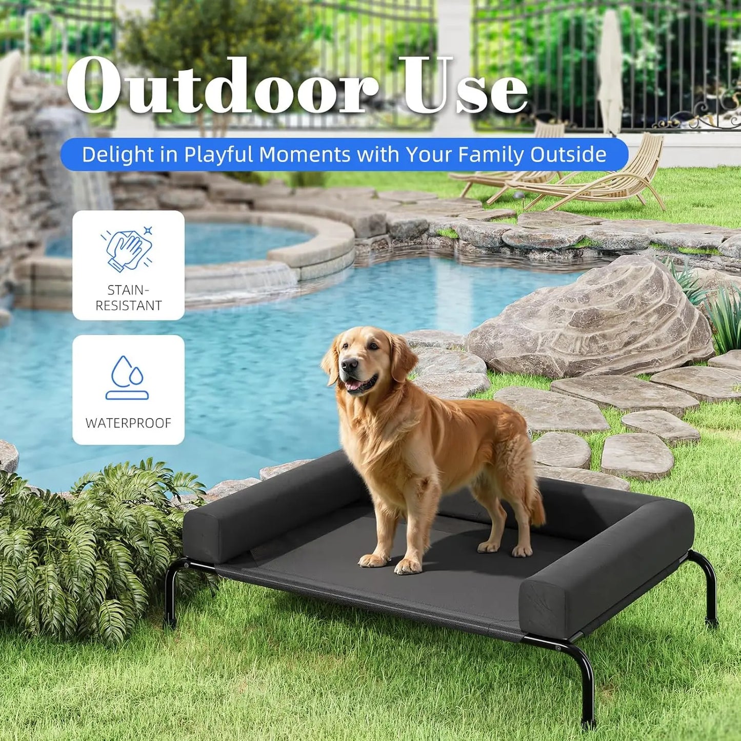 Elevated Cooling Dog Bed for Large Dogs, Breathable Outdoor Pet Cot with Bolsters, 47.75" x 31", Black